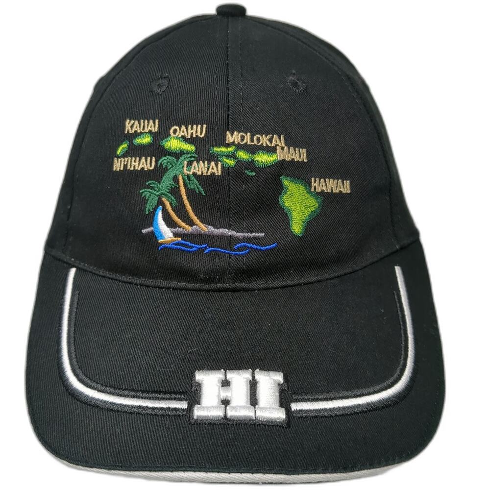 Magic Caps Baseball Hat Black One Size Hawaii Map Palm Trees Raised HI Logo